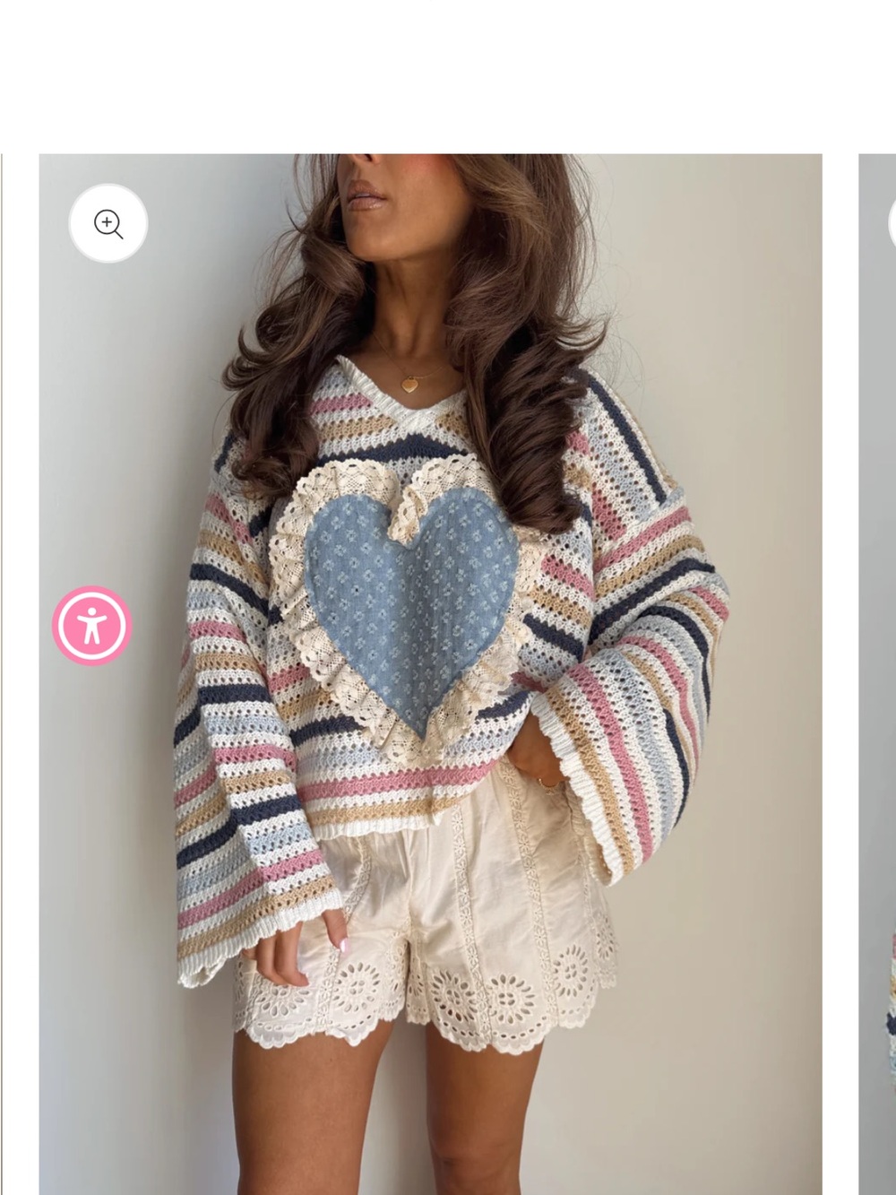 POL Striped Crochet Heart Sweater in Blue, Pink, Cream, Navy - Picture 3 of 3